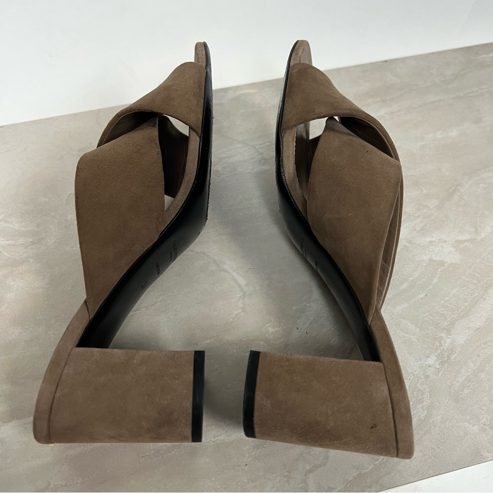 Saint Laurent Taupe Suede Crisscross Block Heel Mules with Gold YSL - Picture 8 of 13